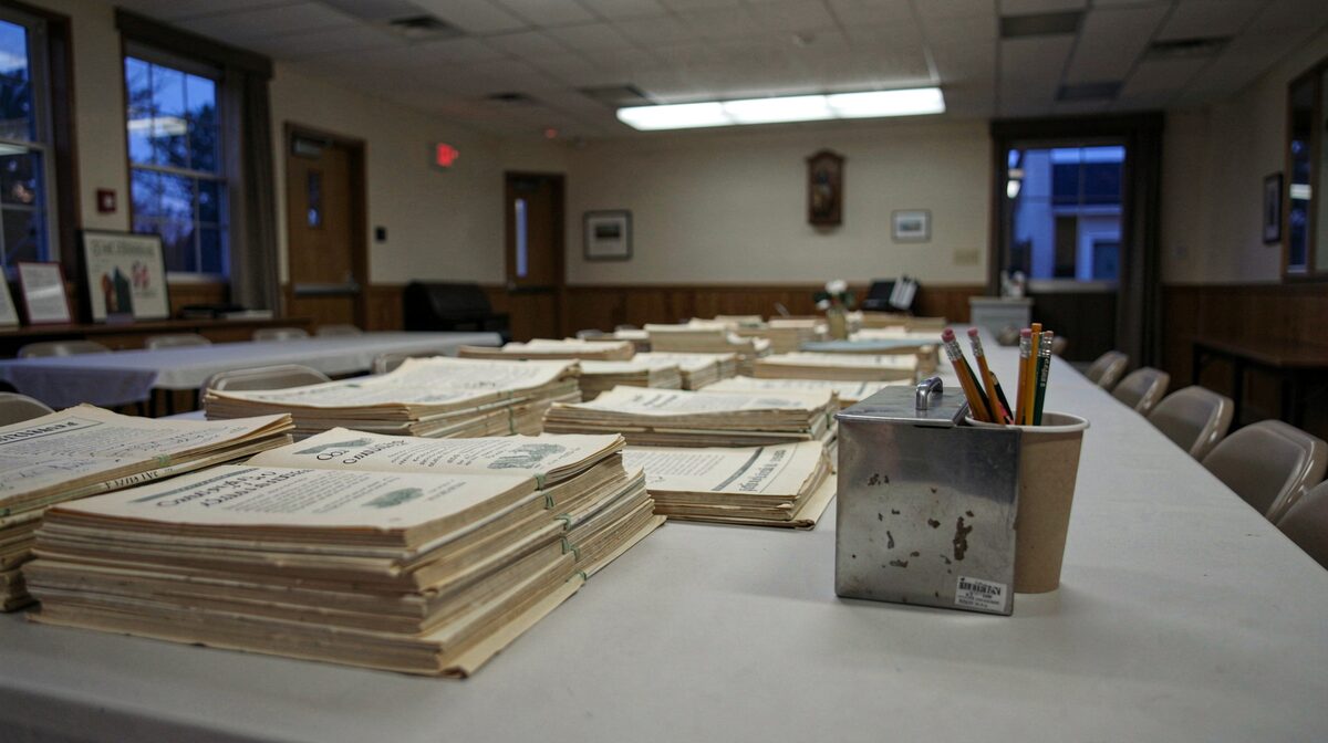 A long folding table in a church fellowship hall at dusk, stacks of worn choral octavos, a dented metal cash box, and a paper cup of pencils under fluorescent light.