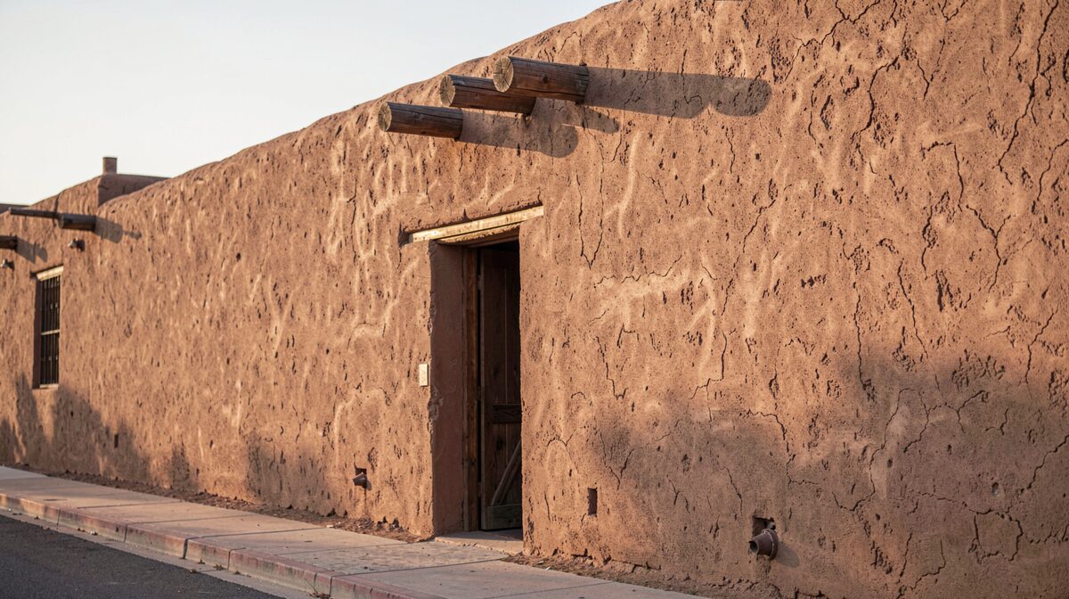 A thick adobe wall at the Palace of the Governors in Santa Fe, late afternoon sun raking across the mud plaster, a wooden canale projecting through the parapet above, shot from the sidewalk at an angle that shows the depth of a doorway reveal.