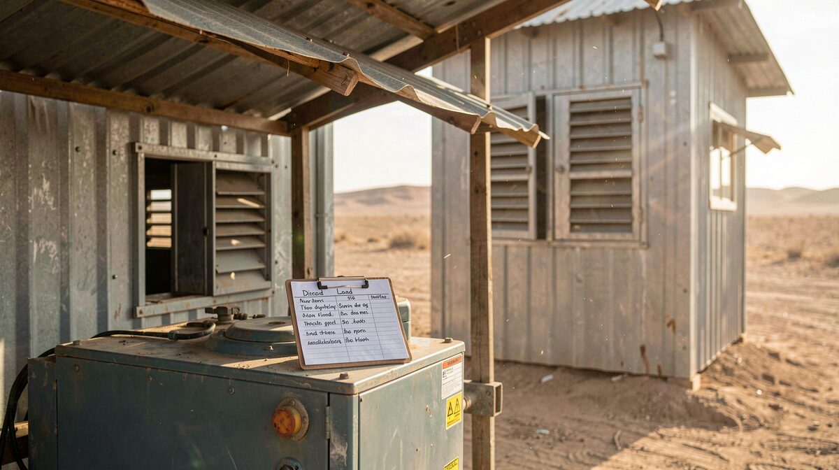 A diesel standby generator in a shaded metal lean-to beside a desert well house, intake vents open, a clipboard with a handwritten load list resting on the fuel tank, late afternoon light and dust in the air.