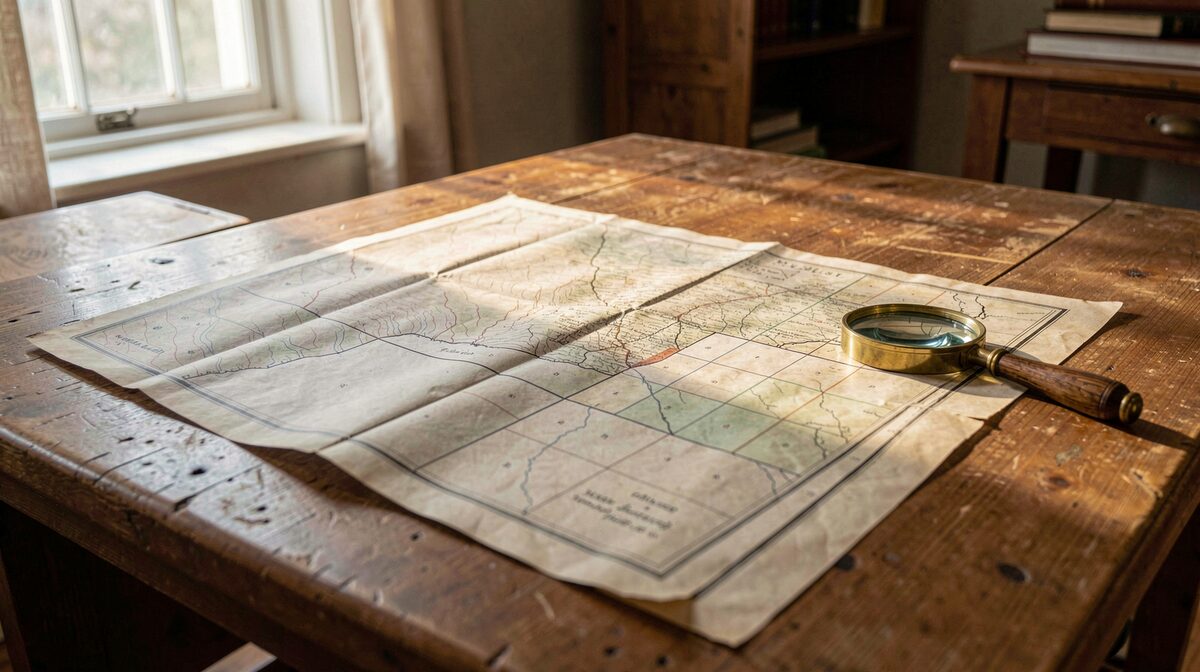 A folded 19th-century survey sheet of a Southwestern territory spread flat on a wooden table in a county records office, late afternoon light from a west window raking across the paper, a brass magnifier resting on the corner, the map's contour lines and section grid visible in the frame.