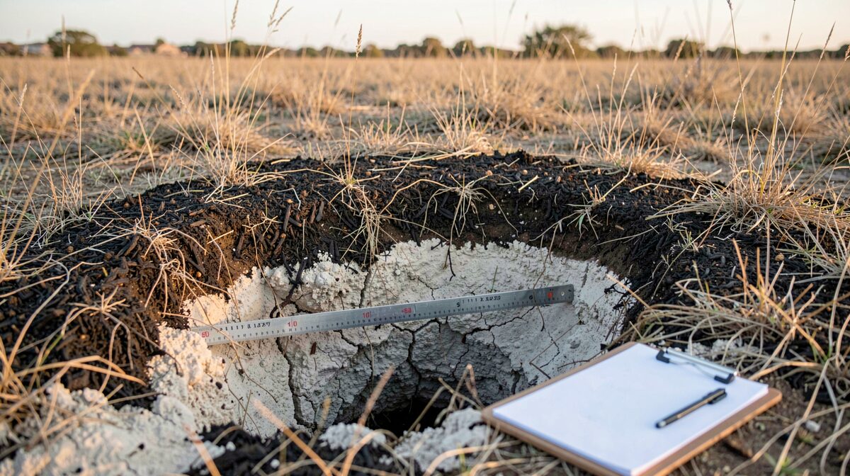 A shallow soil pit dug by hand in dry grassland, two feet deep, showing a dark organic layer over pale caliche, with a folding ruler laid across the exposed face and a clipboard resting on the ground beside it, low morning light from the east.